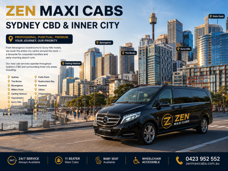 Sydney CBD & Inner City From Barangaroo boardrooms to Surry Hills hotels, we cover the entire city centre around the clock — a favourite for corporate transfers and early-morning airport runs. Our maxi cab services operate throughout Sydney’s CBD and surrounding inner-city areas, including: Sydney, The Rocks, Barangaroo, Millers Point, Darling Harbour, Haymarket, Surry Hills, Darlinghurst, Woolloomooloo, Elizabeth Bay, Potts Point, Rushcutters Bay, Pyrmont, Ultimo, Chippendale, Redfern, Waterloo, Eveleigh, Zetland, Alexandria and Beaconsfield